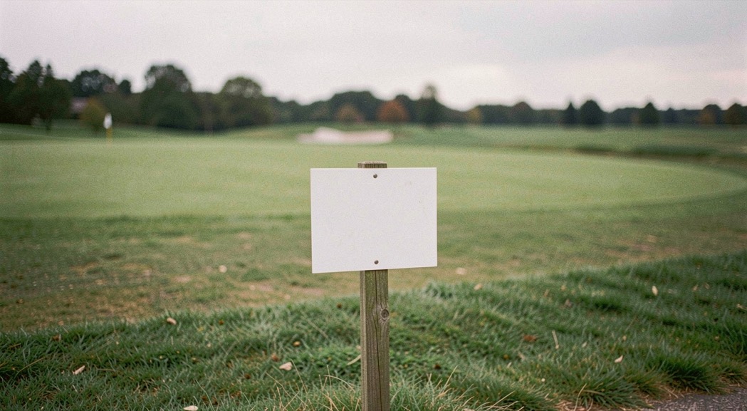Informatiebordje op een paal aan de rand van een golfbaan met daarachter een gemaaide strook gras