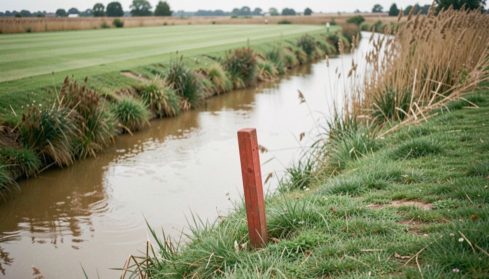 Rode markeringspaal in het gras aan de oever van een brede sloot die dwars langs een fairway loopt