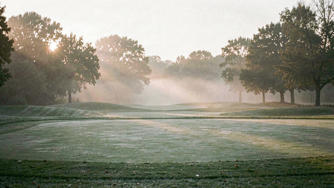 Lege golfbaan bij zonsopkomst met dauw op de fairway en een lage nevel tussen de bomen