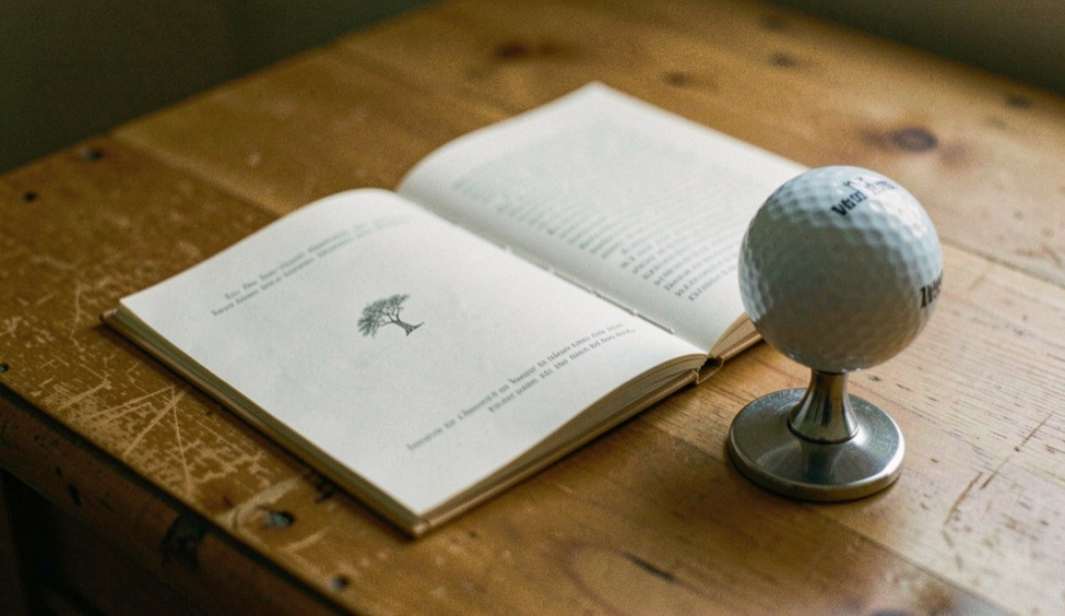 Klein regelboekje ligt opengeslagen naast een golfbal en een merker op een houten tafelblad