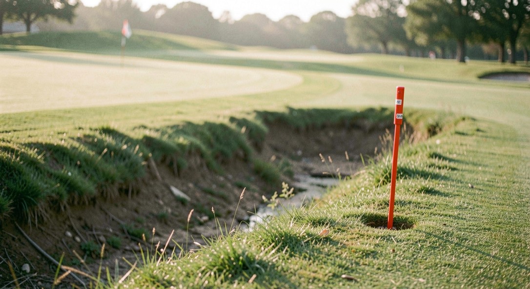 Rode markeringspaal aan de rand van een sloot langs een fairway, met daarachter een gemaaide green in het ochtendlicht