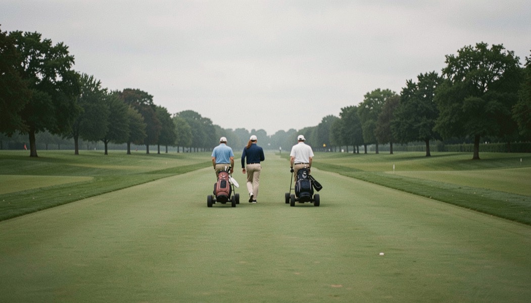 Twee groepen golfers lopen in de verte over een brede fairway met hun trolleys, gezien van achteren
