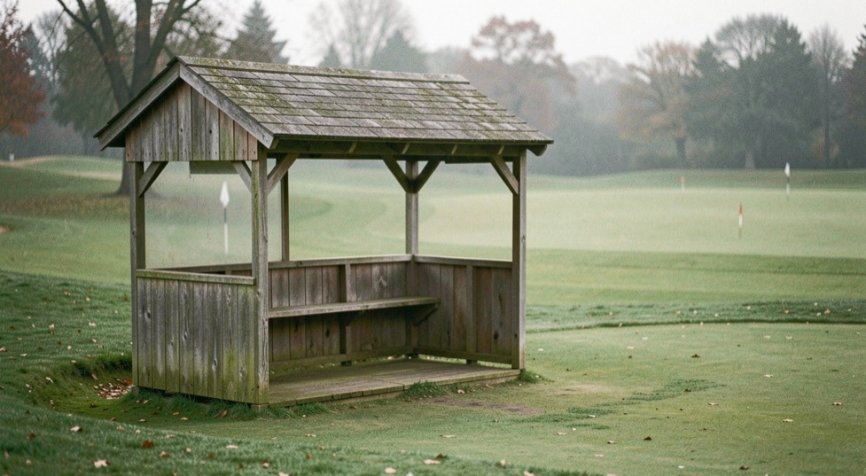 Leeg houten starterhokje naast de eerste afslagplaats van een golfbaan in het vroege ochtendlicht