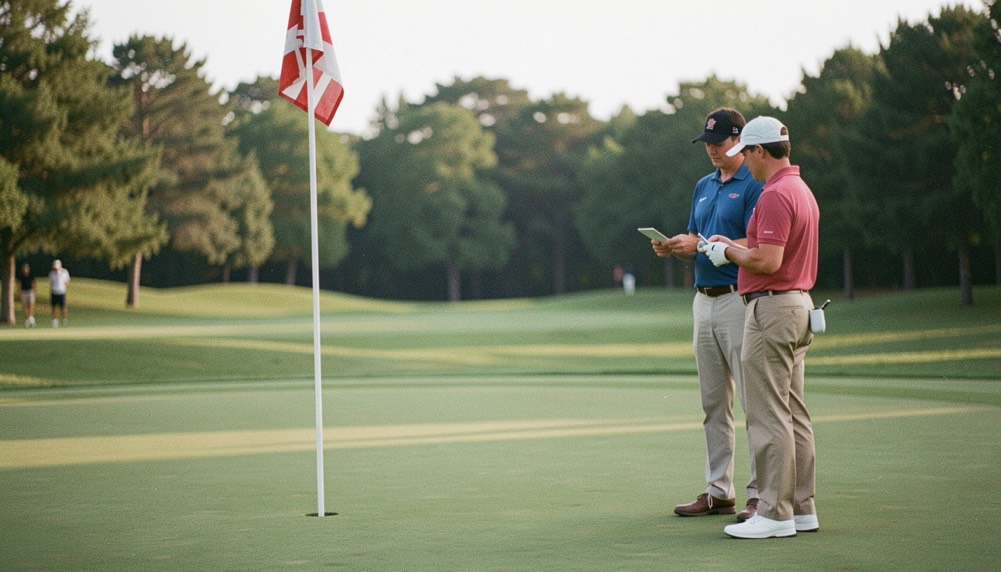 Twee golfers staan op een green bij de vlaggenstok en overleggen met de scorekaart in de hand